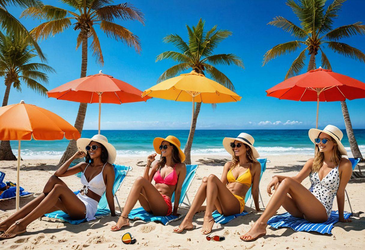 Create a vibrant summer scene featuring a diverse group of friends wearing trendy beachwear, lounging on a sunny beach with electric bikes parked nearby. Include colorful beach umbrellas, a refreshing ocean backdrop, and accessories like sunglasses and sun hats to capture the essence of summer fashion. The image should exude joy and adventure, showcasing both beach and biking culture. super-realistic. vibrant colors. white background.